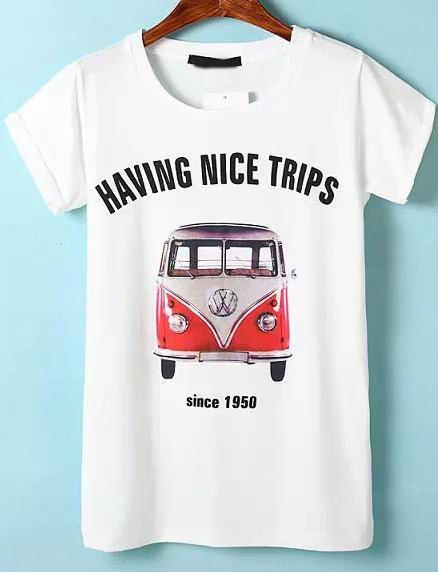 Romwe White Short Sleeve Letters Car Print T-shirt