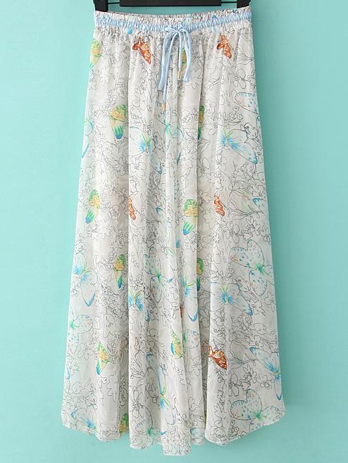 Romwe Butterfly Print Pleated White Skirt With Drawstring