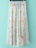 Romwe Butterfly Print Pleated White Skirt With Drawstring