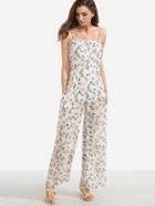 Romwe Blue Flower Print Chiffon Cami Jumpsuit