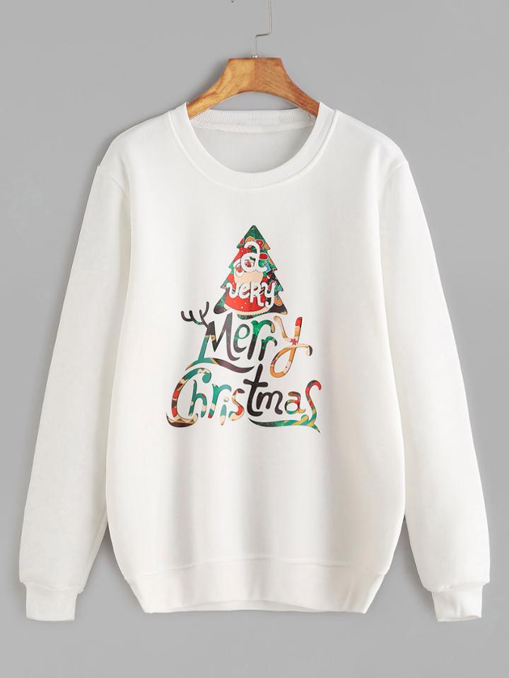 Romwe White Christmas Print Ribbed Trim Sweatshirt
