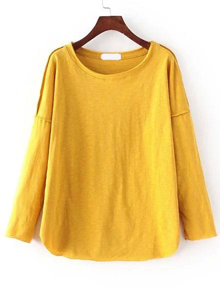 Romwe Drop Sleeve Curved Hem Yellow T-shirt