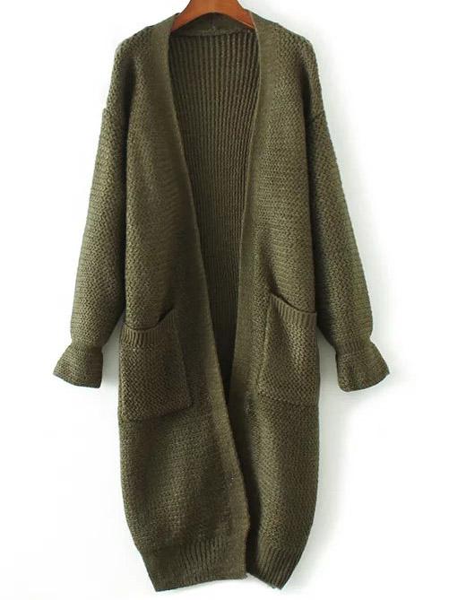 Romwe Army Green Bell Sleeve Long Cardigan With Pocket