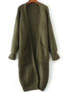 Romwe Army Green Bell Sleeve Long Cardigan With Pocket