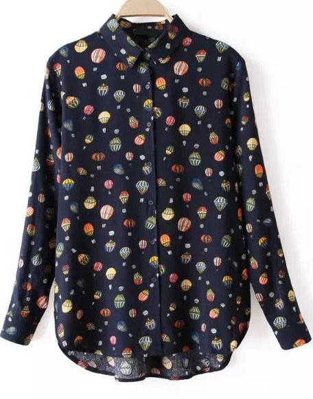 Romwe Navy Long Sleeve Balloon Print Blouse