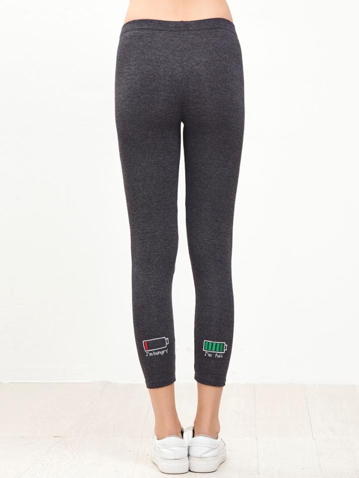 Romwe Deep Grey Battery Embroidery Skinny Leggings