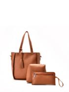 Romwe Tassel Detail Textured Pu Bag Set 3pcs