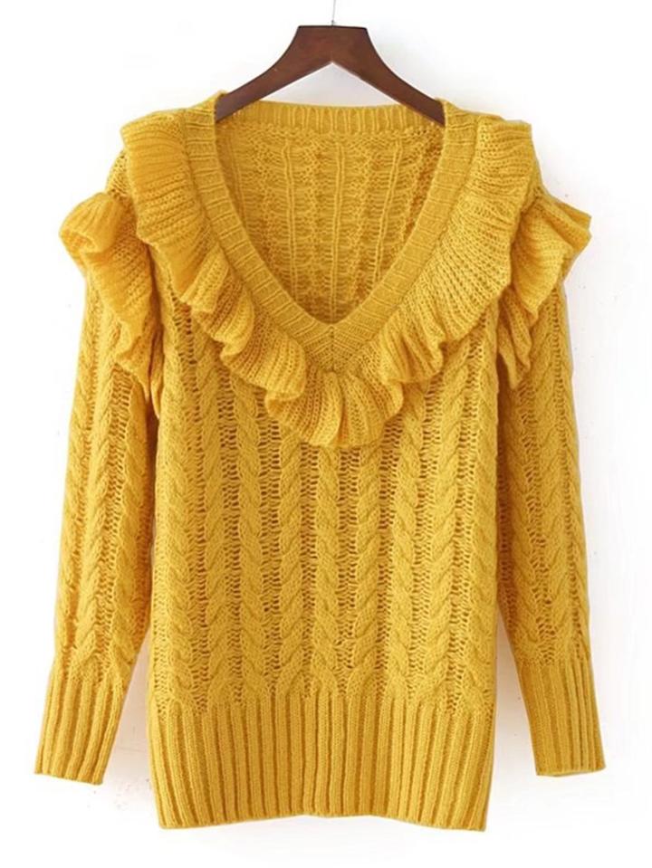 Romwe Ruffle Detail Cable Knit Sweater