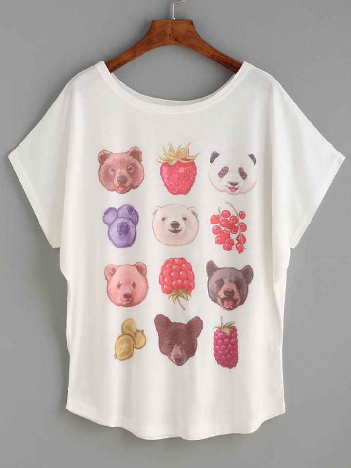 Romwe White Animal Head Print Dolman Sleeve T-shirt