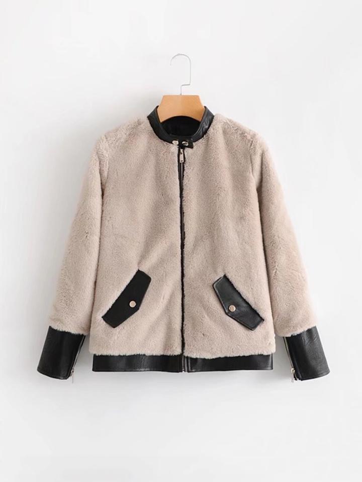 Romwe Contrast Pu Trim Faux Fur Coat