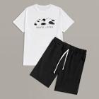 Romwe Guys Panda And Letter Print Tee With Waist Shorts