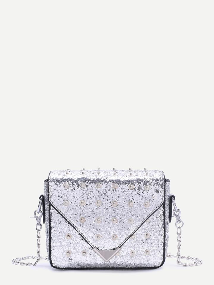 Romwe Silver Studded Design Sequin Chain Bag