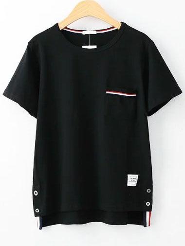 Romwe White Striped Trim High Low Pocket T-shirt