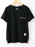 Romwe White Striped Trim High Low Pocket T-shirt