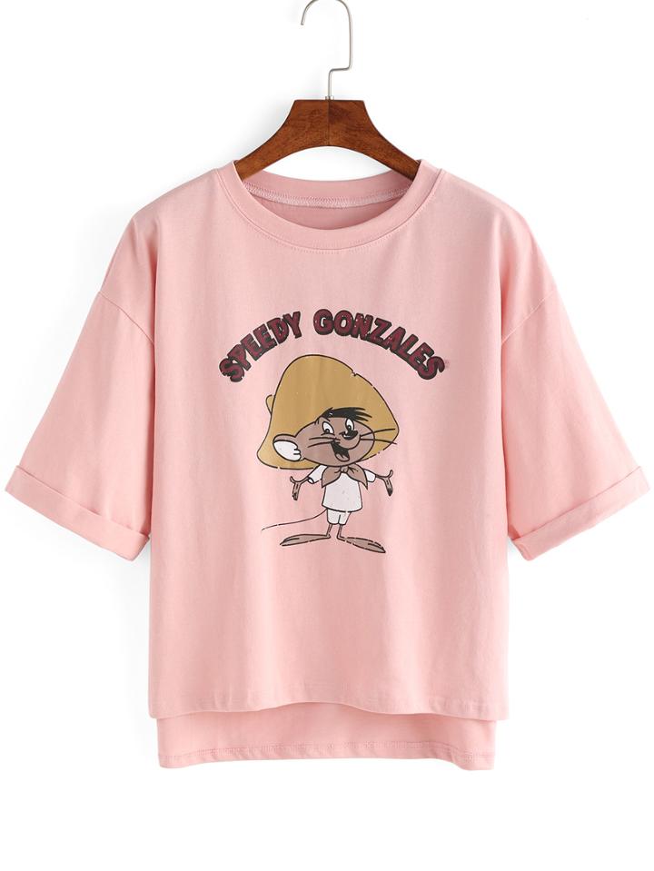 Romwe Dip Hem Cuffed Cartoon Print Pocket T-shirt