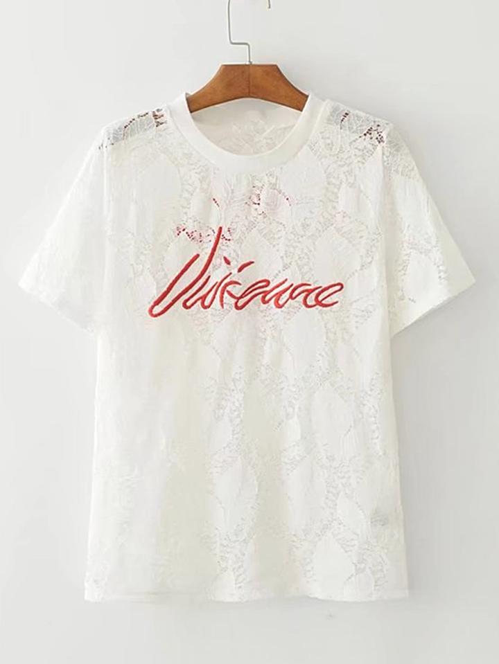 Romwe Letter Embroidered Lace Top