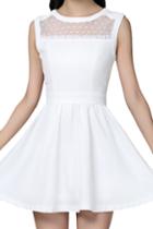 Romwe Mesh Lace Trimming Little White Dress