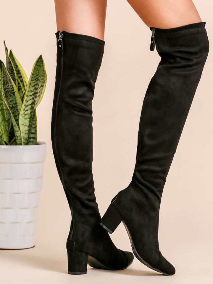 Romwe Black Faux Suede Point Toe Thigh High Boots