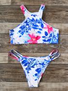 Romwe Blue Floral Print Racer Back Swimwear