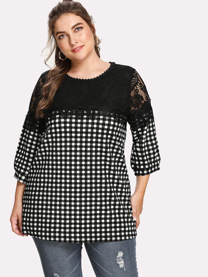 Romwe Contrast Lace Gingham Blouse