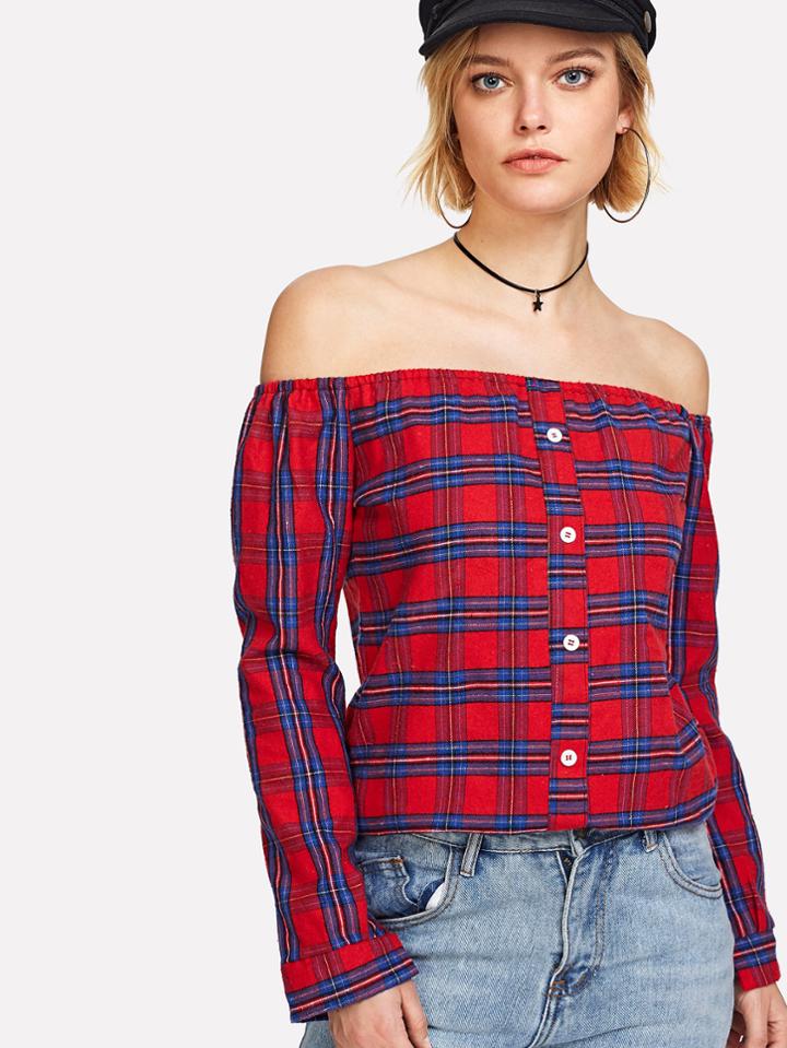 Romwe Off Shoulder Curved Hem Checked Top