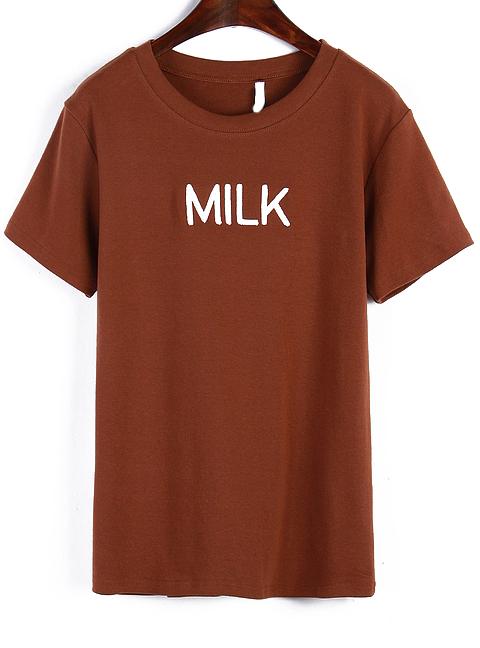 Romwe Milk Print Round Neck Brown T-shirt