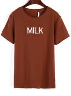 Romwe Milk Print Round Neck Brown T-shirt