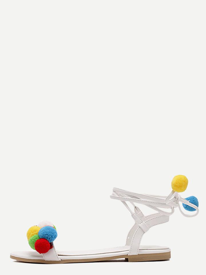 Romwe White Peep Toe Lace-up Pom-pom Sandals