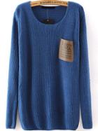 Romwe Letter Print Pocket Blue Sweater