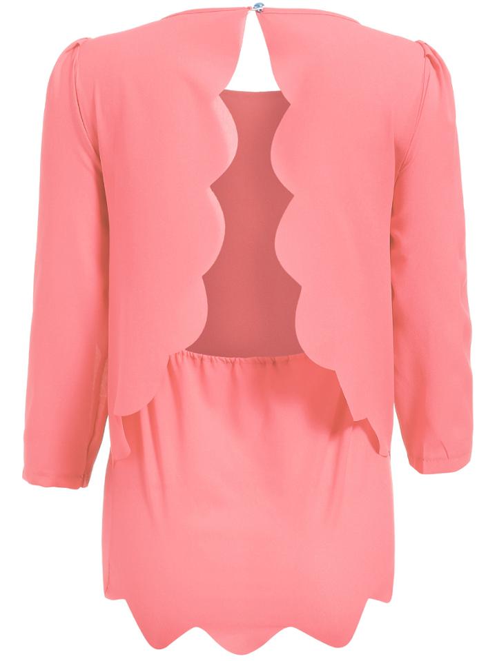 Romwe Round Neck Scalloped Hem Chiffon Pink Top