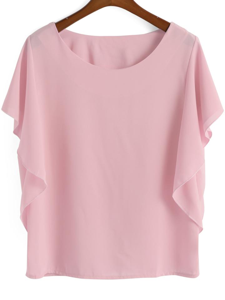 Romwe Ruffle Sleeve Chiffon Pink Top