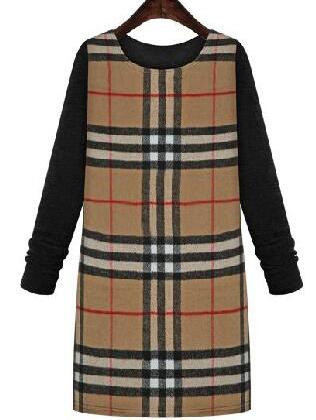 Romwe Long Sleeve Checkered Straight Apricot Dress