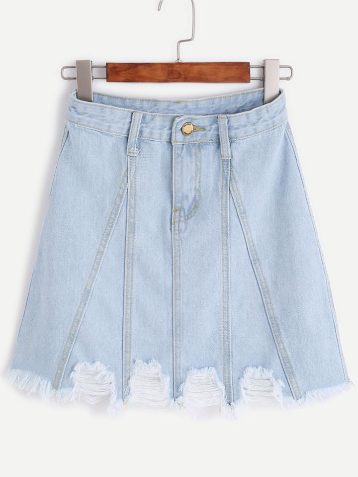 Romwe Pale Blue Frayed Hem A Line Denim Skirt