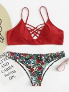 Romwe Floral Print Crisscross Bikini Set