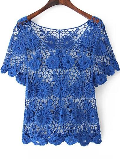 Romwe Hollow Floral Crochet Lace Blue Blouse