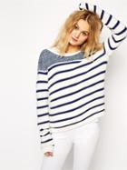 Romwe Blue White Round Neck Striped Knit Sweater