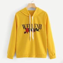 Romwe Letter & Floral Print Hoodie