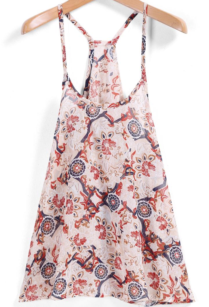 Romwe Spaghetti Strap Floral Chiffon Apricot Cami Top