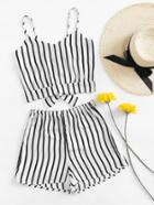 Romwe Striped Split Bow Tie Back Cami Top With Shorts