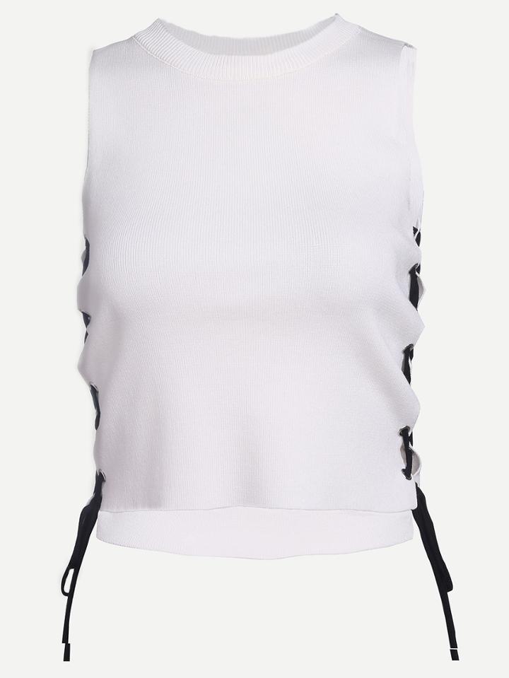 Romwe White Lace-up Knit Sleeveless Crop Top
