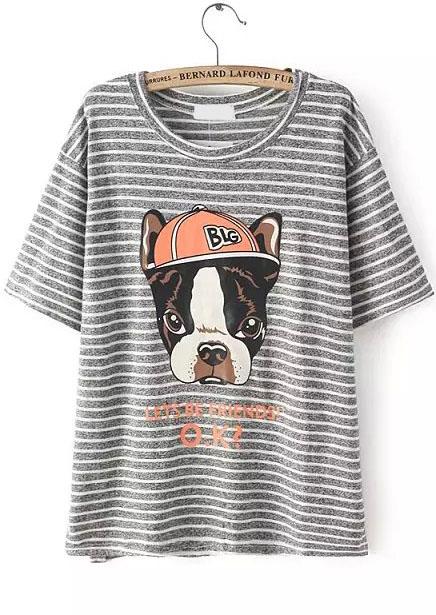 Romwe Dog Print Striped Dark Grey T-shirt