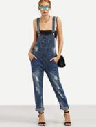 Romwe Distressed Stone Wash Blue Overall Jeans