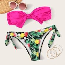 Romwe Neon Hot Pink Ruched Bandeau With Tropical Bikini