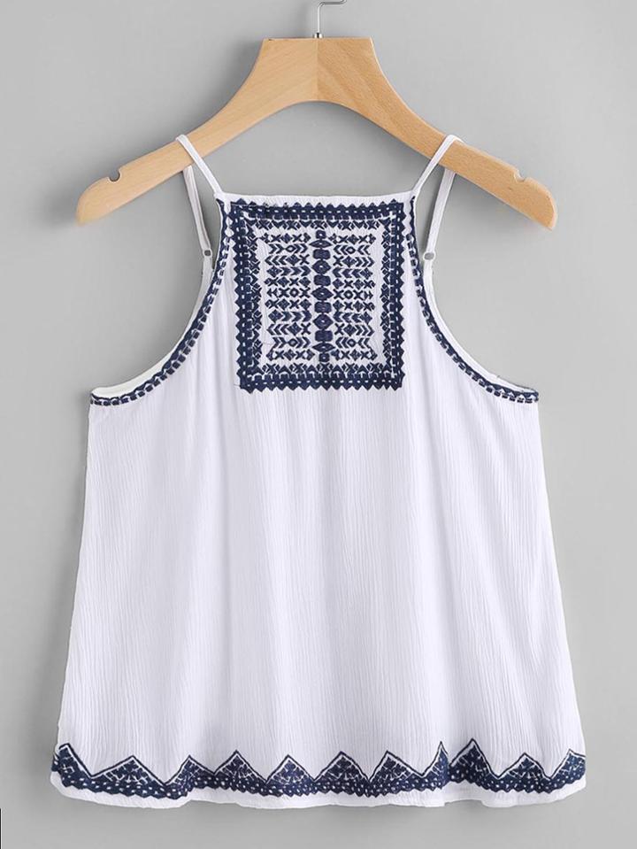 Romwe Embroidered Tie Open Back Pleated Cami Top
