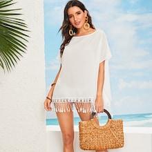 Romwe Batwing Sleeve Guipure Lace Hem Cover Up