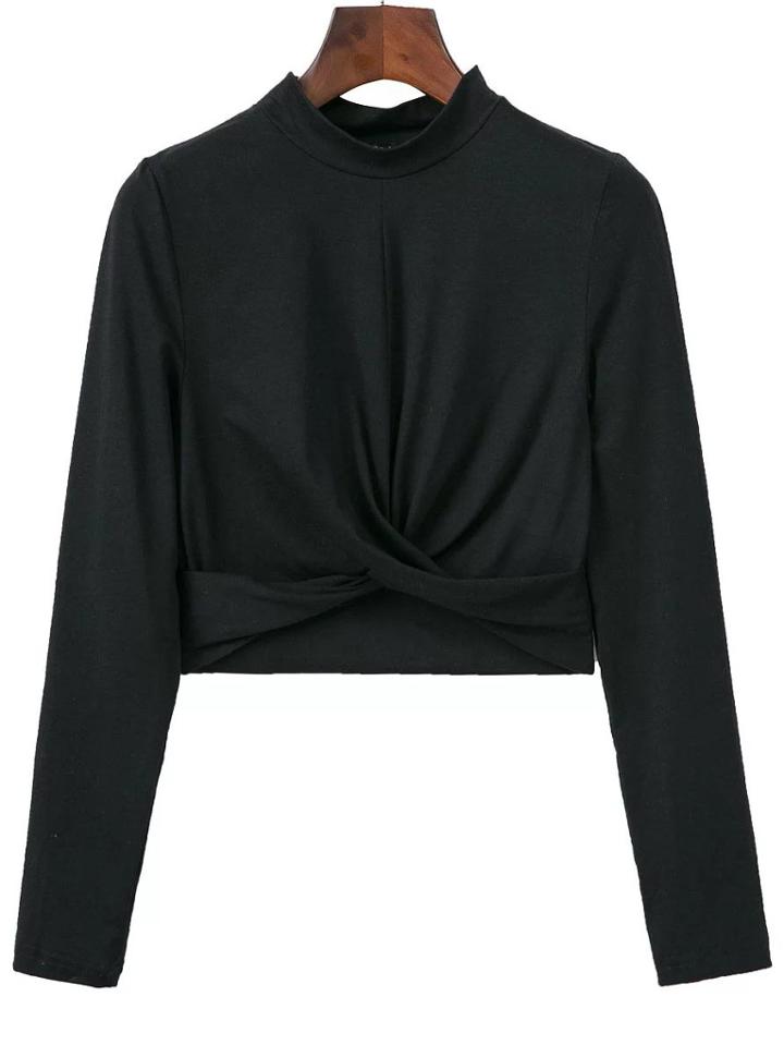 Romwe Black Band Collar Overlap Front Crop T-shirt