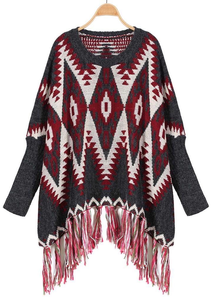 Romwe Geometric Print Tassel Knit Red Sweater