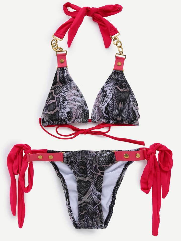 Romwe Black Snake Print Chain Halter Tie Side Bikini Set