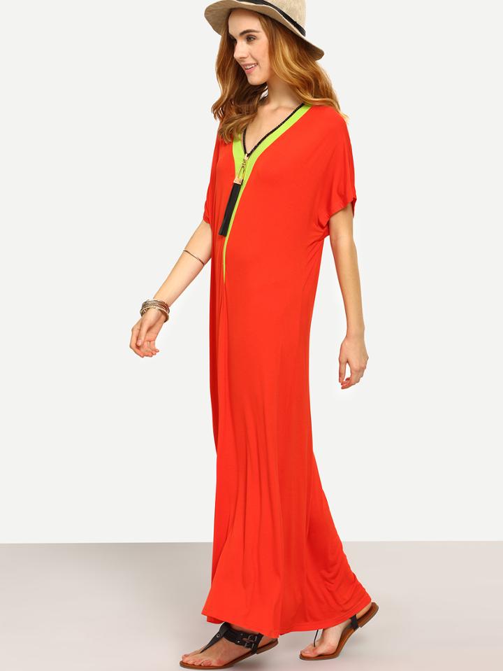 Romwe Red V Neck Short Sleeve Shift Maxi Dress