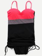 Romwe Black Color Block Ruched Drawstring Side Swimwear